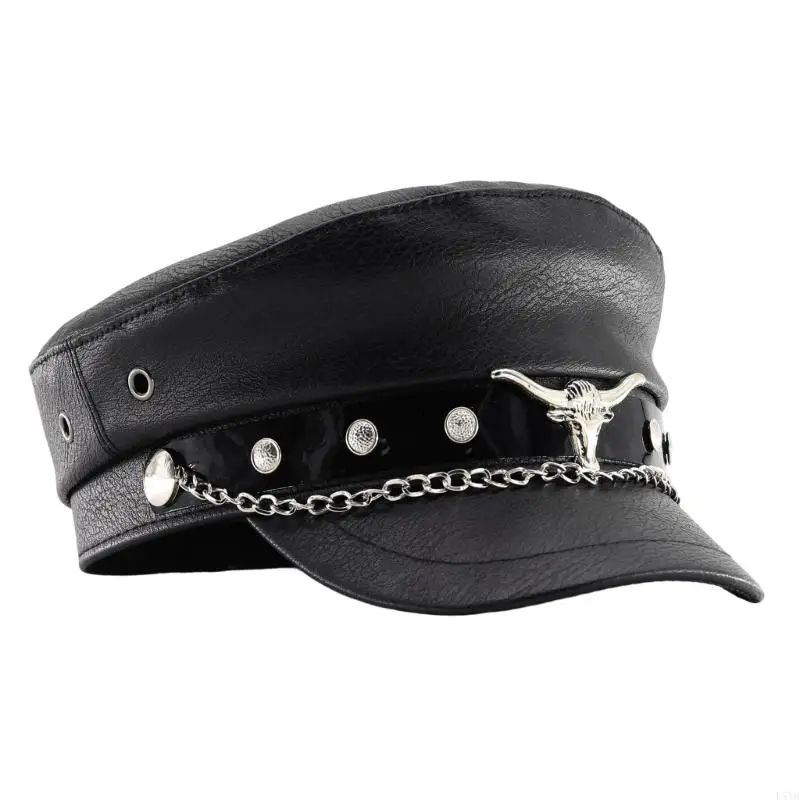 L5YA Bullhead Rivet Chain Detail Newspaper Boy Cap Adjustable Strap Fabric French Fashion Accessory