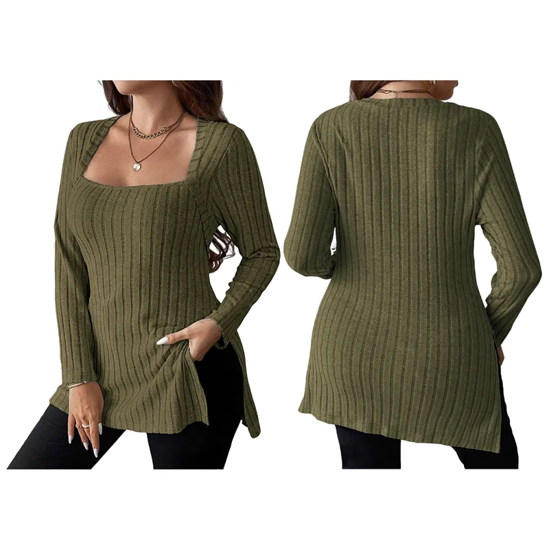 ABRT-Women Long Sleeve Shirts Trendy Casual Square Neck Tops Light-Weight Sweaters
