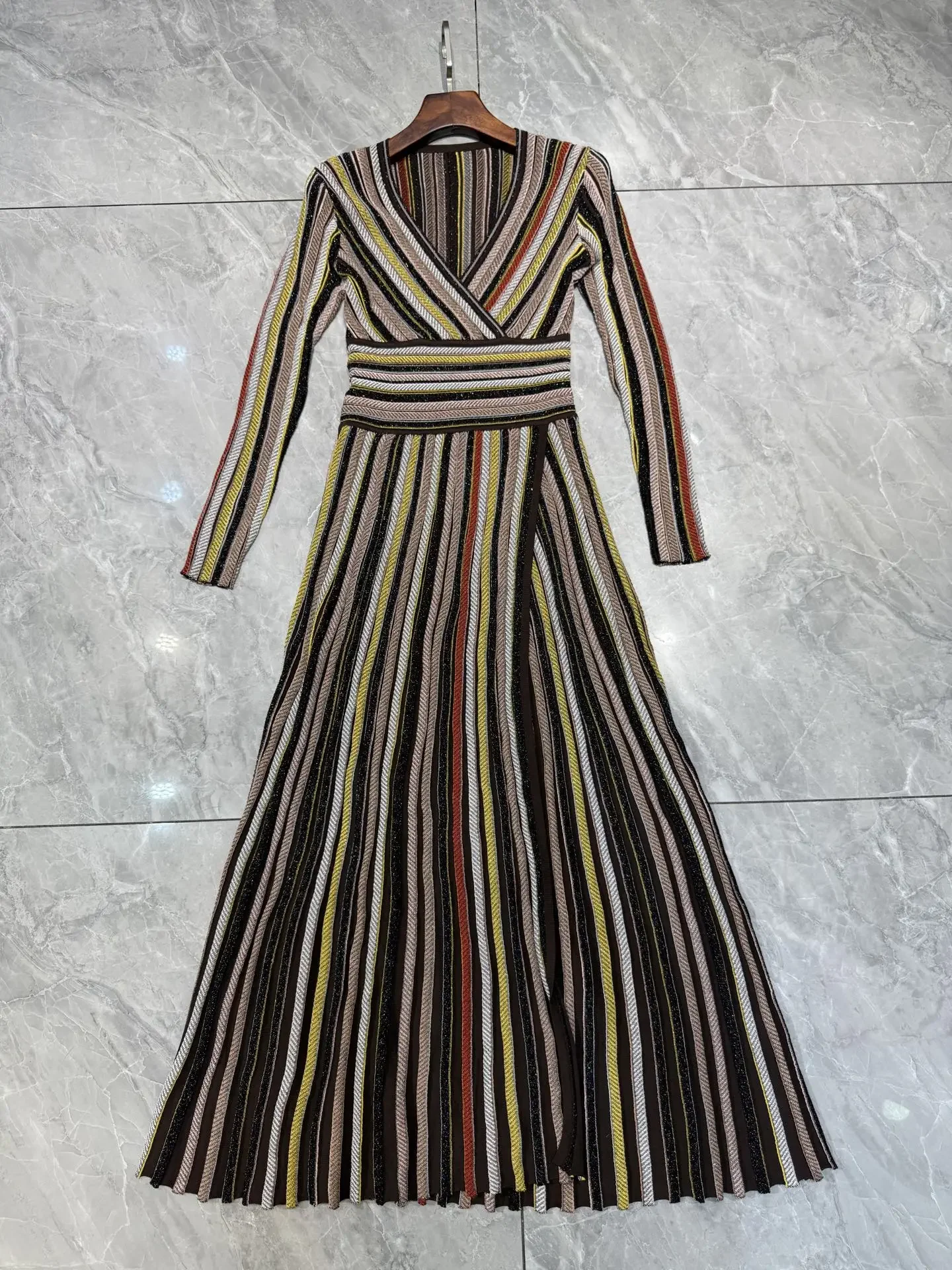 2 cores feminino metálico lantejoulas listrado robe cintura elástica com decote em v manga longa vintage senhoras vestido maxi de malha