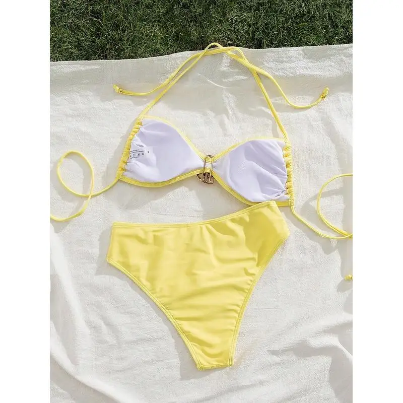 JEWELRY SEN Women Yellow Twisted Front Bikini Set 2 Piece Gold Rose Decor High Waist Halter Summer Beach Bathing Suit Swimwear