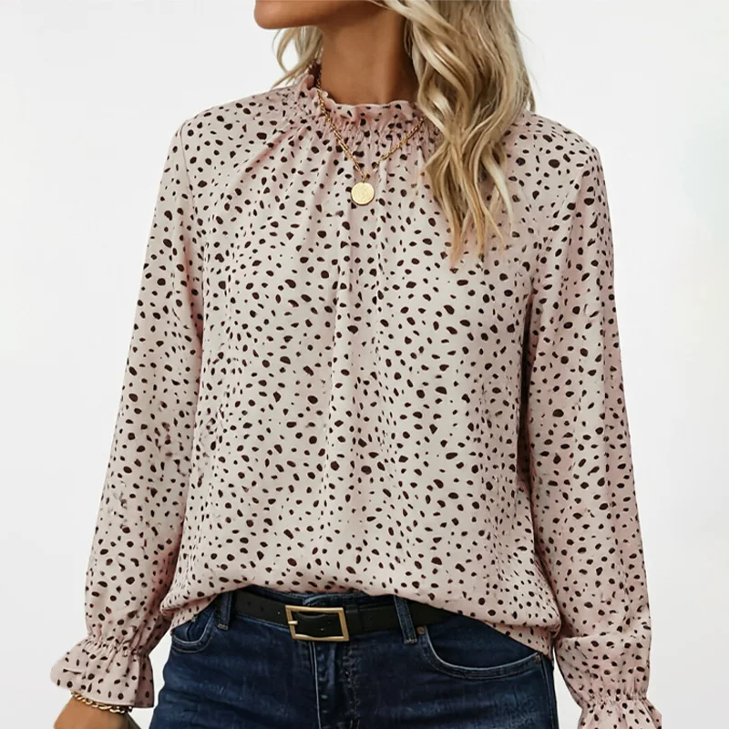 Plus-Size Women's Shirt, Leopard Print Long-Sleeve Ruffled Round-Neck Casual Workwear Top, Loose Fit, Perfectly Accentuates the view 3