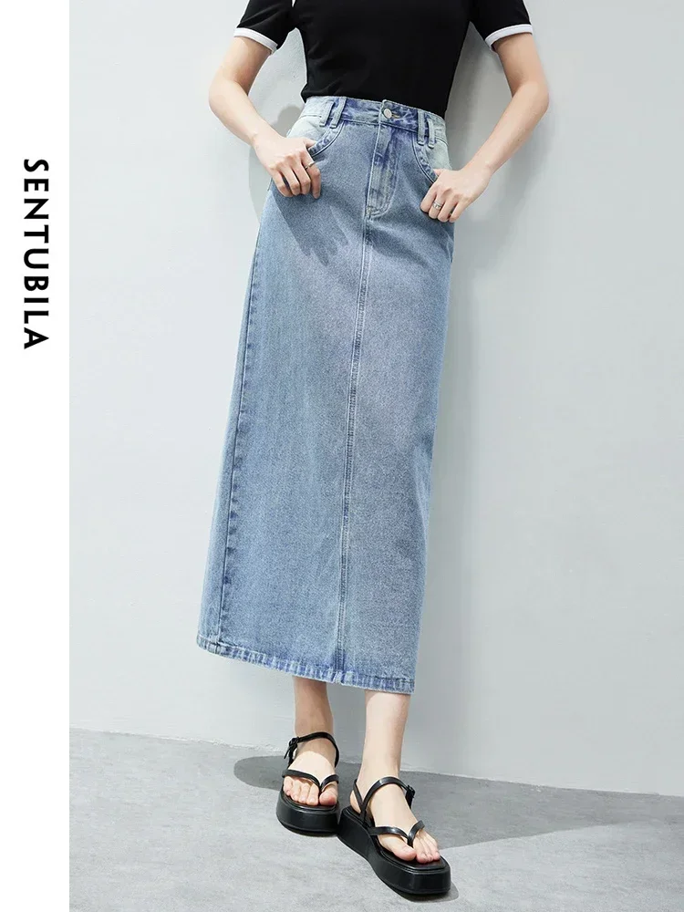 SENTUBILA Women Cotton 100% Long Denim Skirt 2024 Summer Loose Simple Straight High Waist Split Casual Maxi Skirts W42Q54692