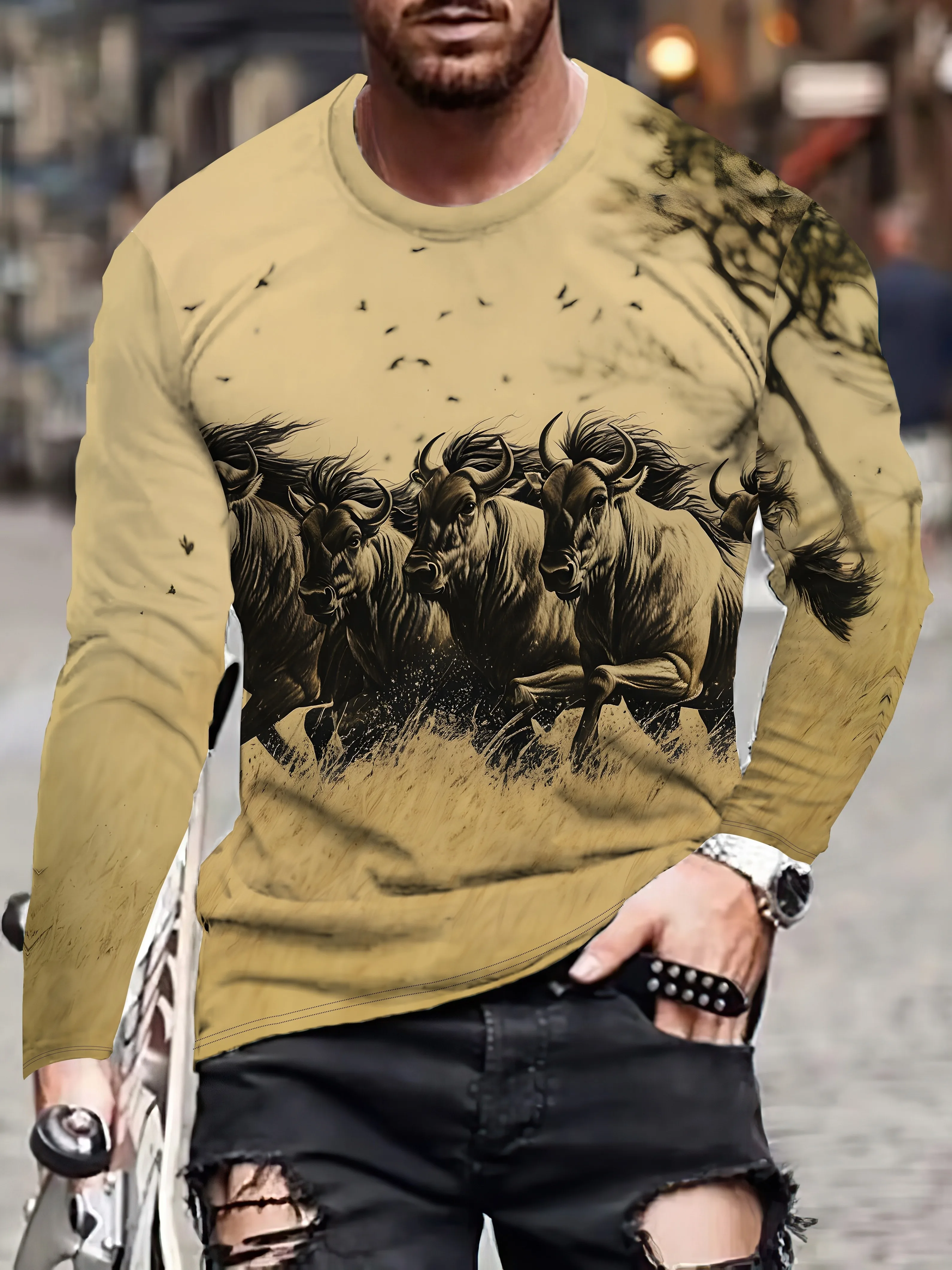 

2025 Men's Casual Long Sleeve Crew Neck T-Shirt with 3D Running Wild Buffalo Print, Polyester Blend with Slight Stretch, Animal