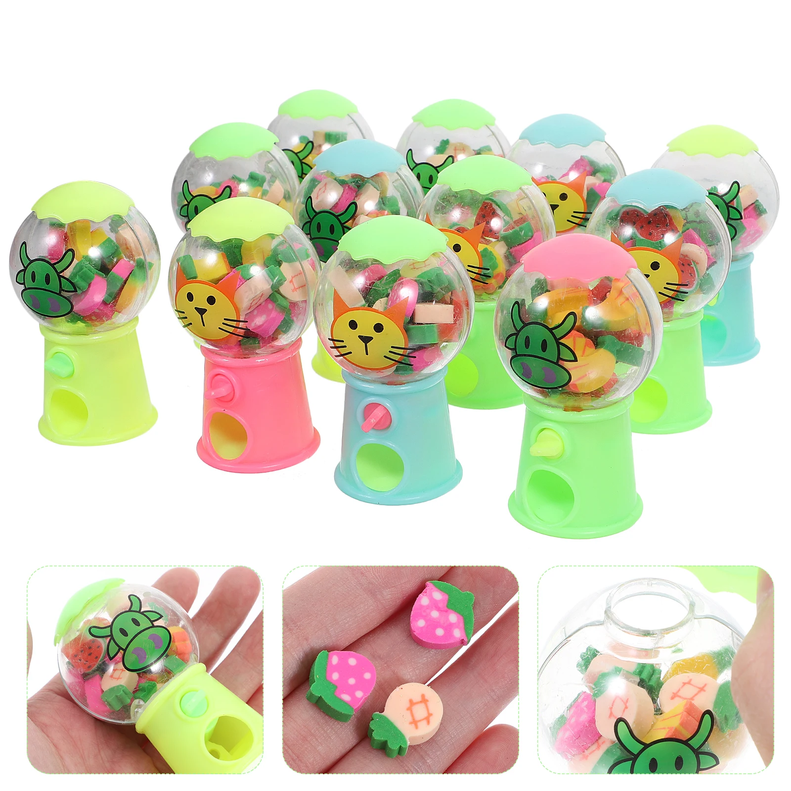 12 Pcs Mini Eraser Dispenser Machine Toy Compact Safe Material Reusable Kids Gift Cartoon Eraser Container Student Stationary