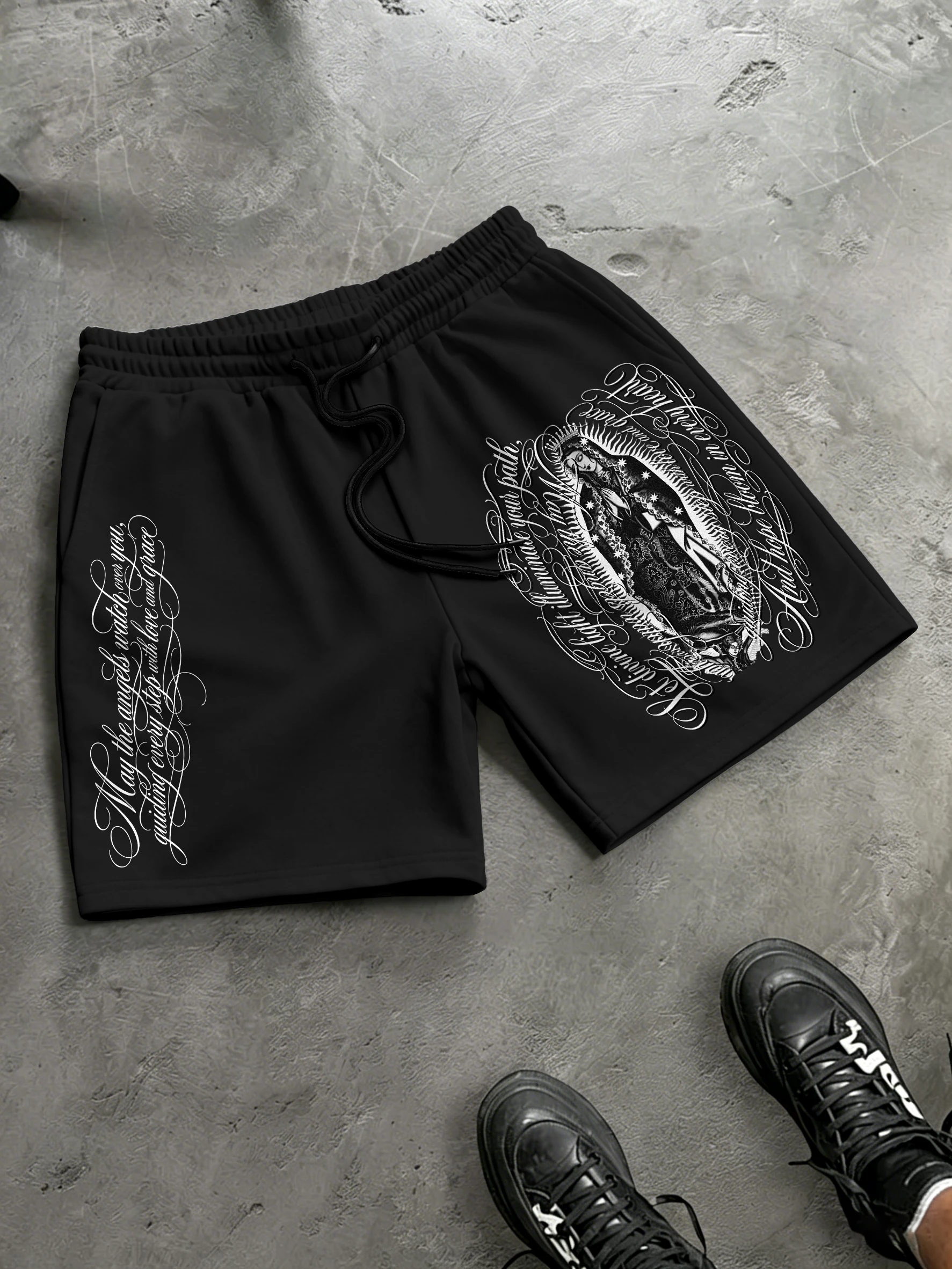 Men's Oversized Gothic Streetwear Shorts Brand Our Lady Of Guadalupe Cursive Print Polyester Black Multi Color Shorts S-2XL All