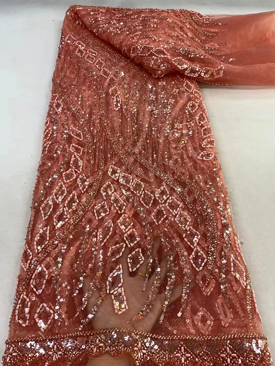 

Orange African Sequins Beaded Lace Fabrics 2024 High Quality Sequence Embroidery French Nigerian Lace Fabric For Wedding Sewing