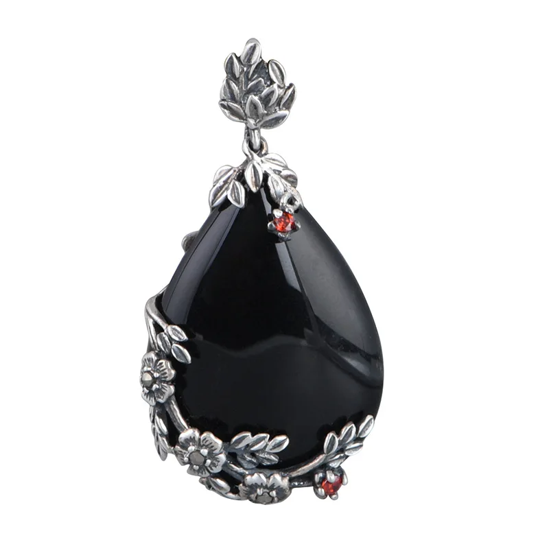 

Cool Black Agate Water Drop Necklaces for Women 925 Silver Flower Pendants NO Chain Unusual Hollow Back Rose Jewelry Thai Silver