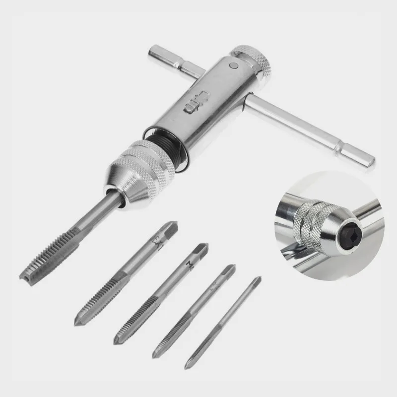 7 шт./компл., регулируемая Т-образная ручка, трещотка, держатель для метчика, гаечный ключ, машинная резьба, метрическая двусторонняя ручная резьба, набор метчиков, ручная резьба