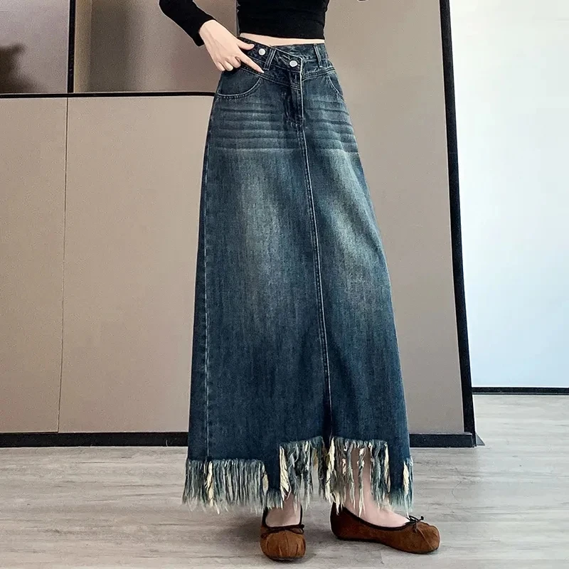 

2025 Spring/Summer New Oversized Denim Tassel A-line Half length Skirt for Women Mid to Long Knee Over High Waist Student Skirts