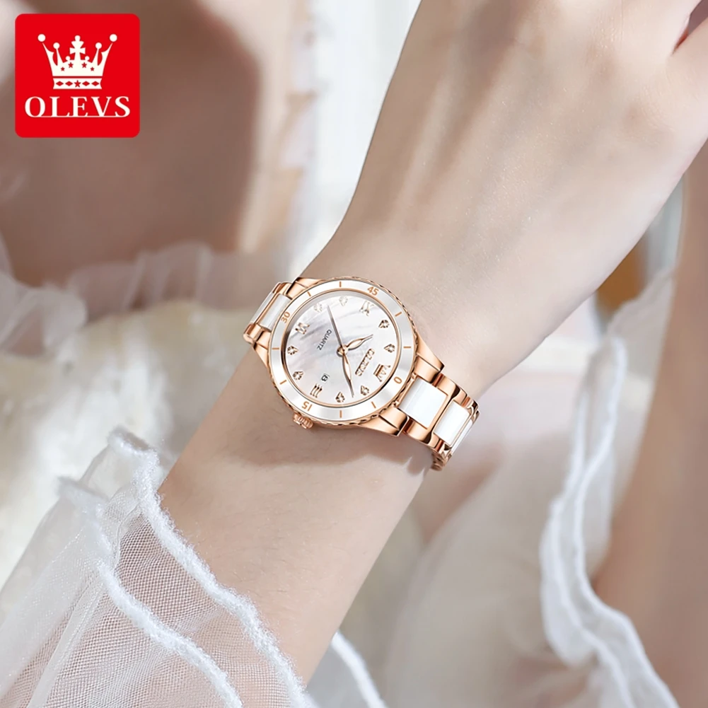 OLEVS-Reloj de cuarzo para Mujer, cronógrafo elegante de cerámica con diamantes de oro rosa, resistente al agua, marca de lujo, nuevo, 9985