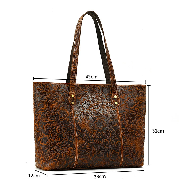 Highend A4 Flower Pattern Vintage Brown Black Thick Genuine Leather Women Handbag Female Purse Shoulder Bag Shopping Tote M1099