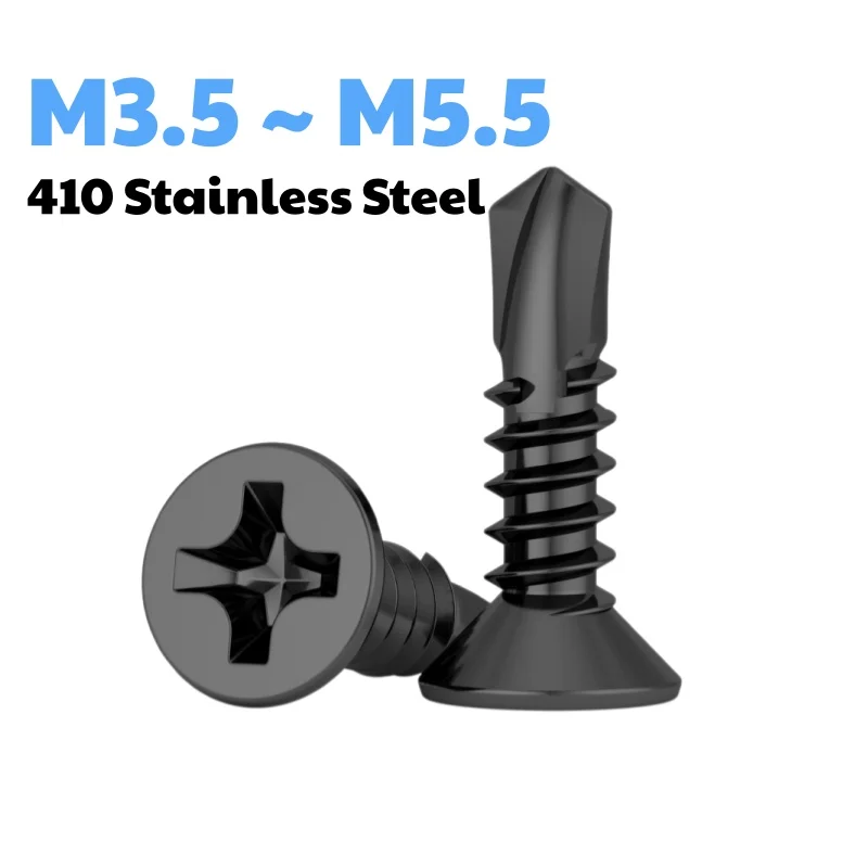M3.5 M3.9 M4.2 M4.8 M5.5 Black 410 Stainless Steel Cross Countersunk Head Drilling Self Tapping Screws