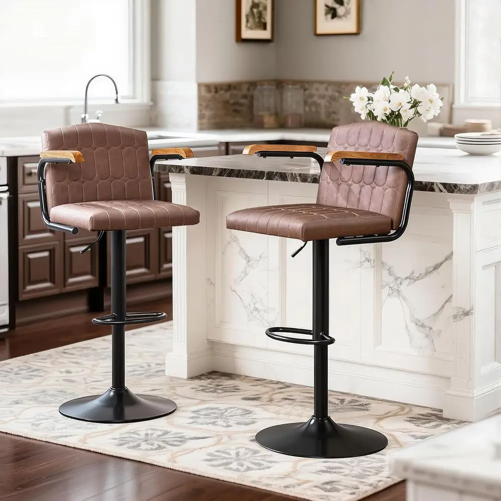

Set of 2 Adjustable Swivel Bar Stools with Armrests and Back, PU Leather, Counter Height for Kitchen Island or Dining Room