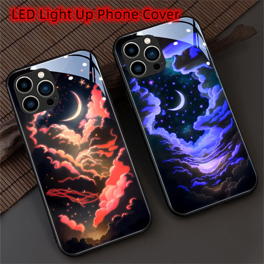 

Cute Clouds Sky LED Light Glow Luminous Tempered Glass Back Phone Case For Samsung S23 S22 S21 S20 FE Note 10 20 Plus Ultra A54