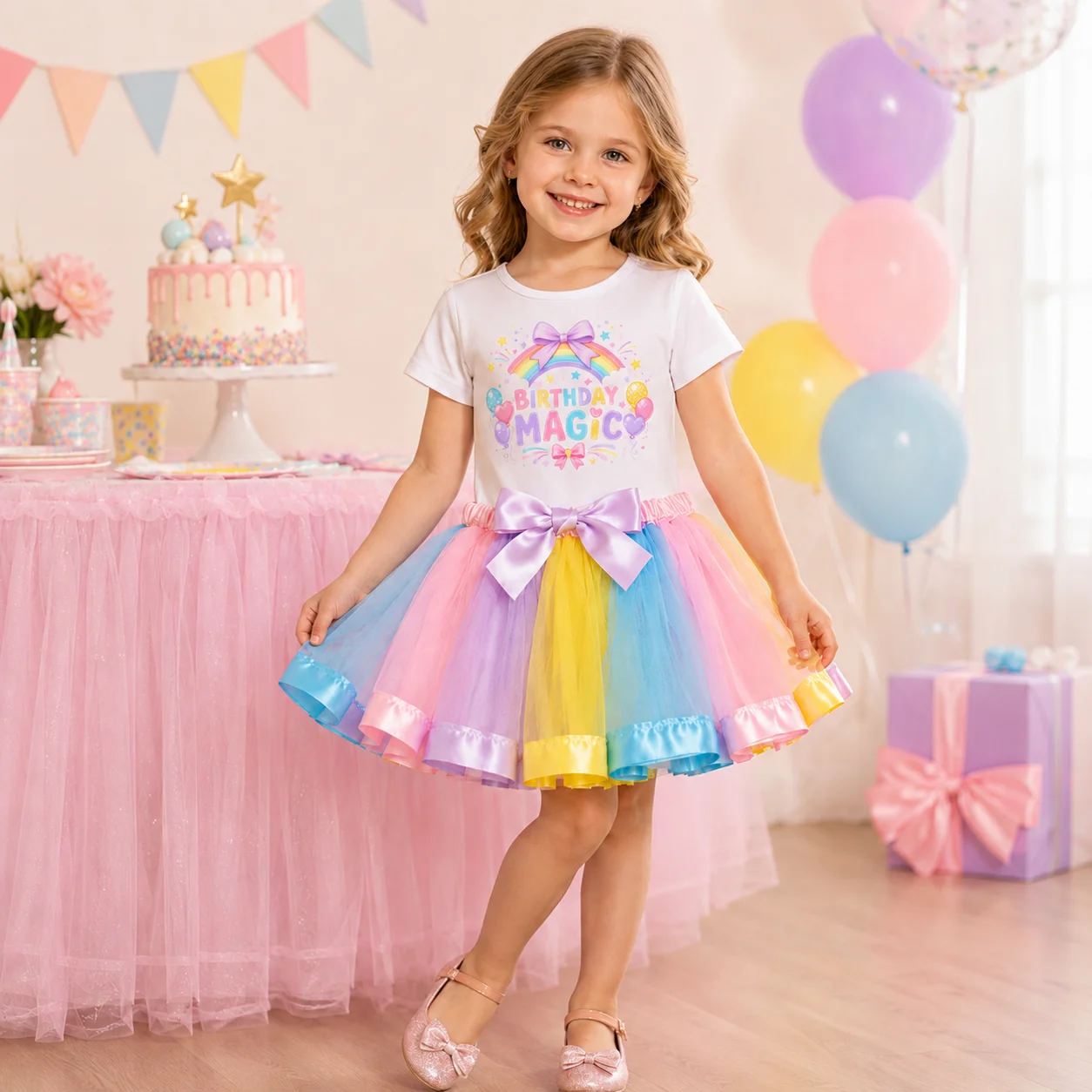 Ensemble de tenues magiques d'anniversaire pour enfants, T-shirt à manches courtes imprimé arc-en-ciel + jupe Tutu à nœud coloré, costume de fête d'anniversaire pour enfants