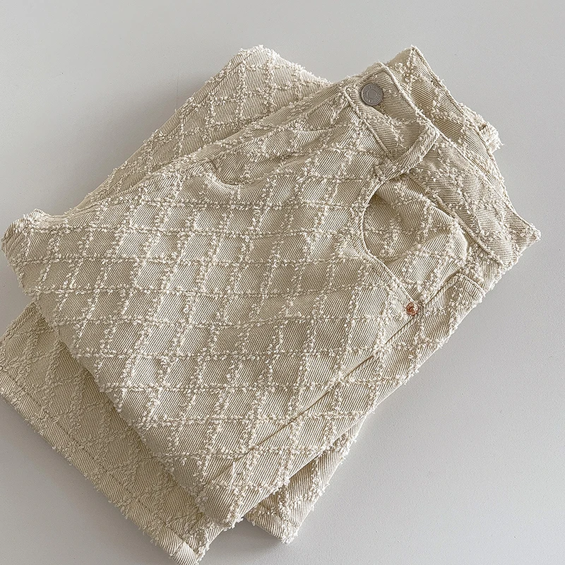 

Женские абрикосовые джинсы с необработанными краями, высокой талией, клетчатым принтом, широкие брюки, универсальные однотонные жаккардовые брюки женского дизайна