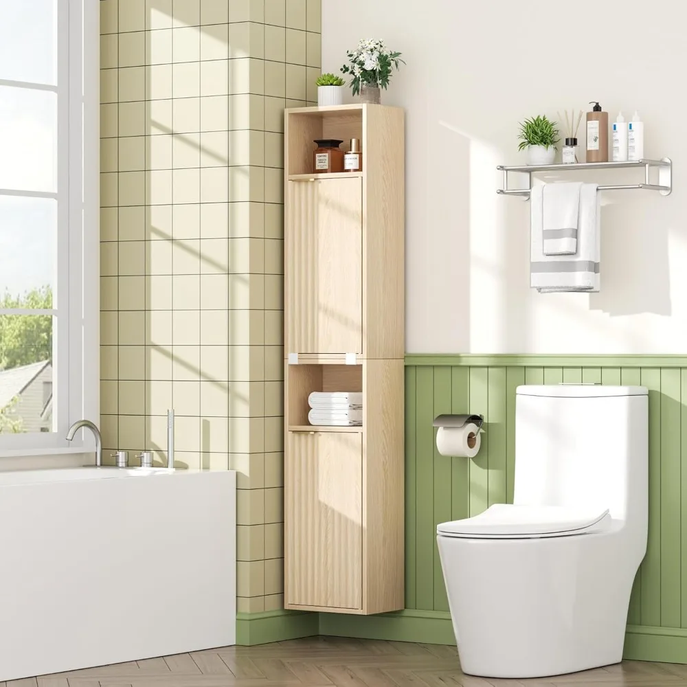 

59,1 Высокий тонкий шкаф для хранения в ванной комнате, дуб | Отдельно стоящий или настенный модульный шкаф, льняная башня с рифлеными панелями и регулировкой