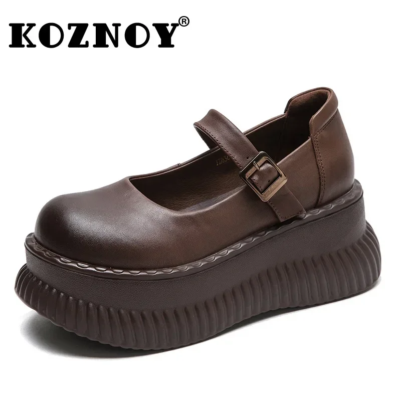 Koznoy 7cm Ethnic Genuine Leather Mary Jane Ladies Autumn Summer Round Sandals Platform Wedge Shoes Spring Luxury Buckle Women