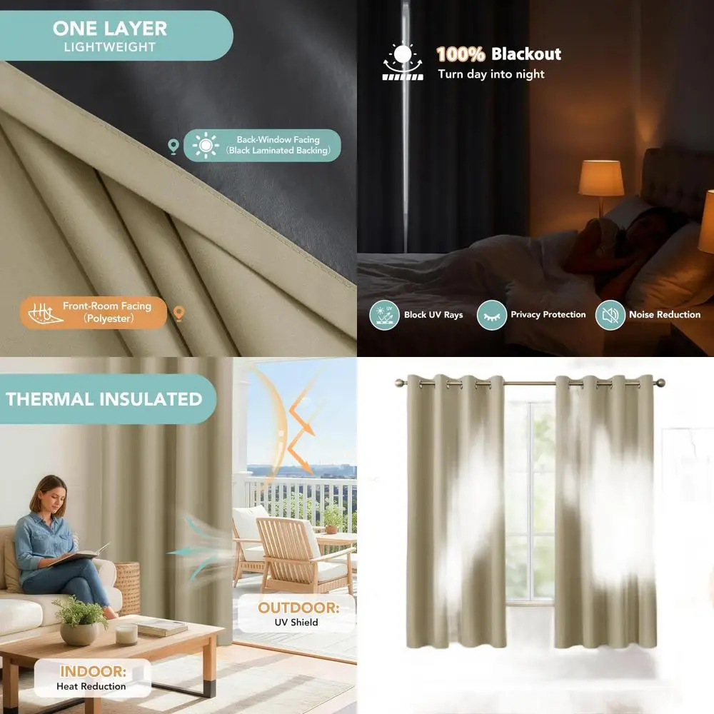 ผ้าม่านกันความร้อนแบบทึบแสง 4 ชิ้น ป้องกันความเป็นส่วนตัว สีเทาอมน้ำตาล ขนาด 54x63 นิ้ว สำหรับห้องนอน
