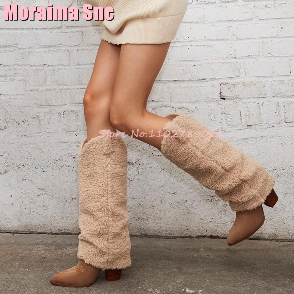 Lamb Wool Pointed Toe Knee High Boots Block Chunky Heel Slip On Fashion Turned-Over Edge Women Long Western Boots Autumn Winter