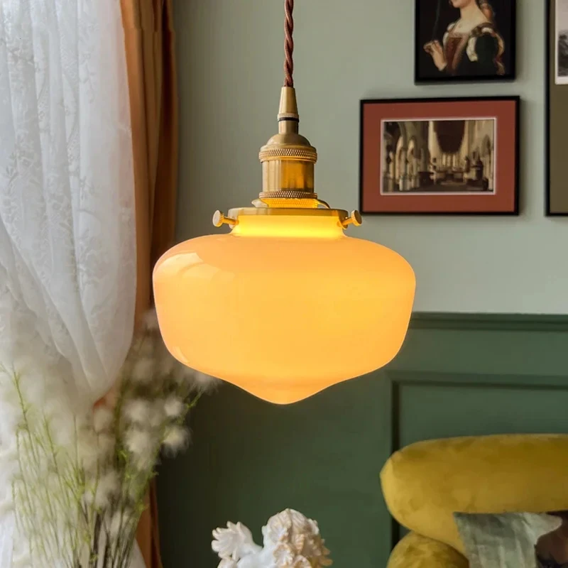 Nordic Style White Glass Pendant Lamp Brass E27 Hanging Light for Kitchen Dining Room Bedroom Home Fixture