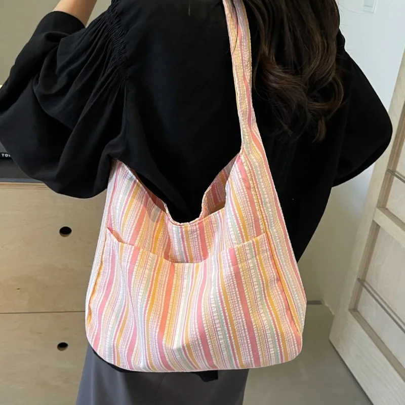 

Ins Dopamine Striped Canvas Shoulder Bag Women Large Capacity Underarm Bag Summer Cute Student Class Handbag