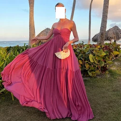 Simple Straight Pink Floor Length Evening Dress Formal Strapless Sleeveless Pleats Saudi Arabia Vestido De Noche Women 2024