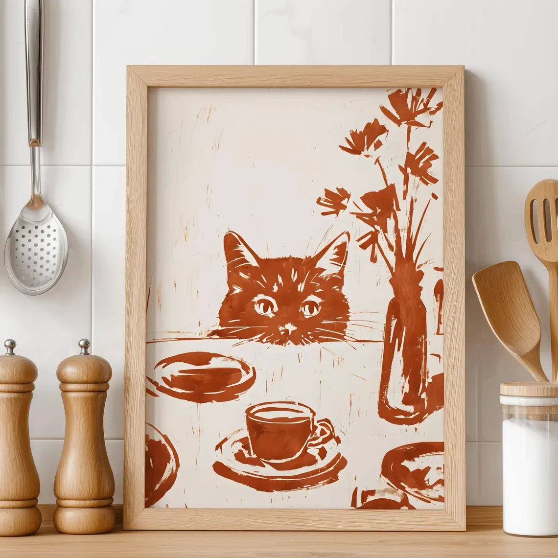 Retro-Wandkunstdruck „Katze beim Brunch“ – Gemälde in warmen Terrakotta-Tönen einer Katze am Tisch, ein bezaubernder Akzent für Rustikale Ambiente