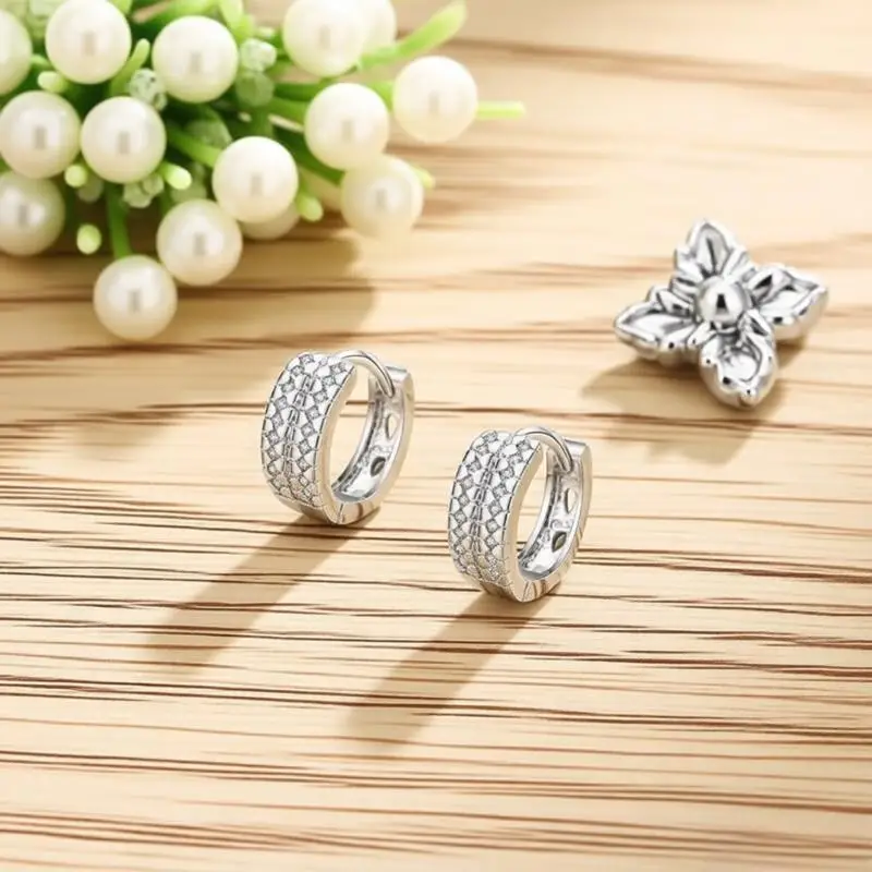 Genuine 925 Sterling Silver Rivet Cubic Zircon Crystal Hoop Earrings For Women Girls Wedding Party Fashion Jewelry Giftw