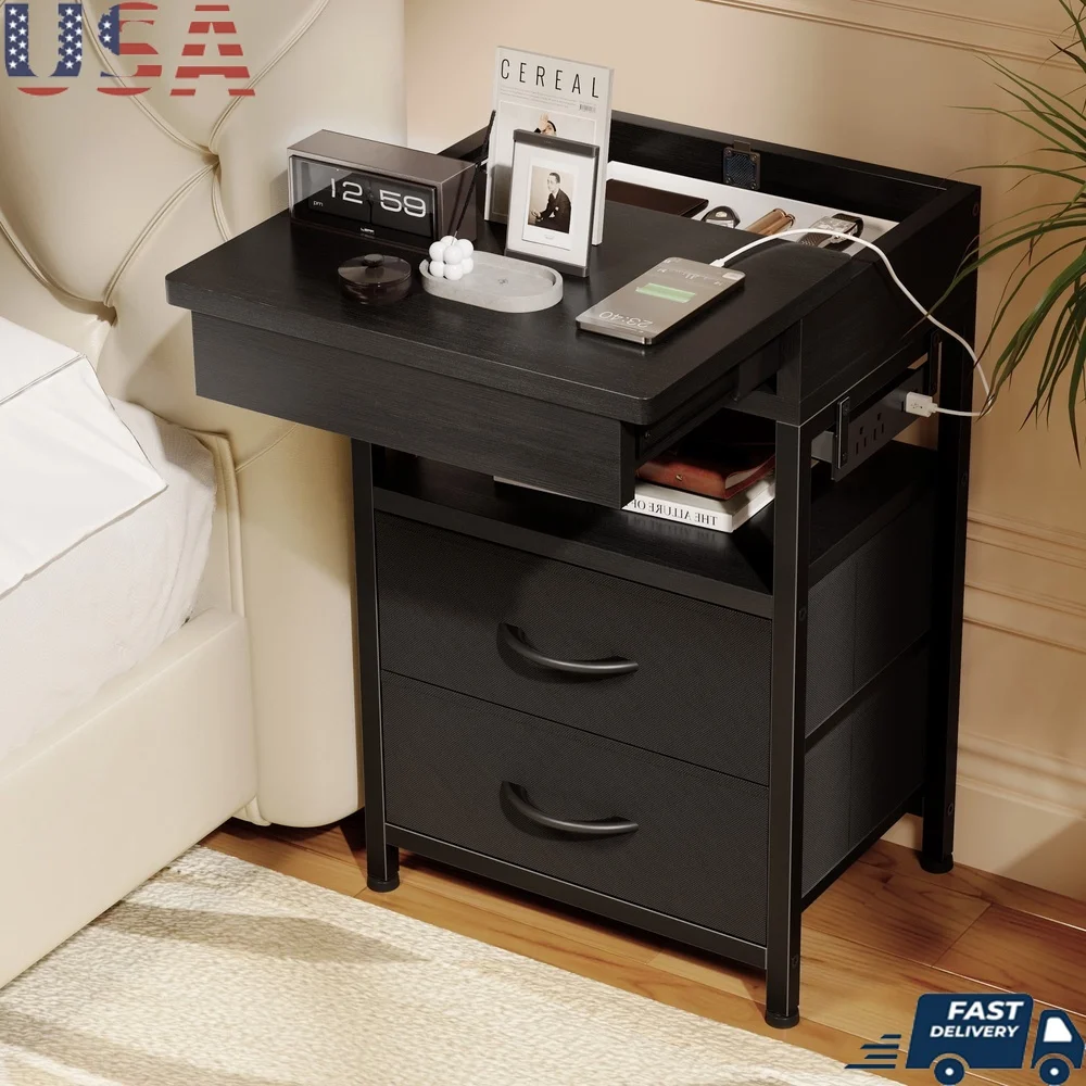 

Modern Nightstand with Sliding Top Charging Station 2 Drawers Lockable Storage Fabric Drawers Power Strip USB Ports Bedroom