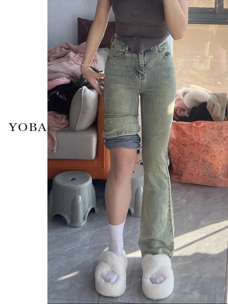 

Elastic Micro Flared Jeans Women's Spring Autumn High Waist Slim Straight Leggings Yellow Mud Color plus Size MM Jeans
