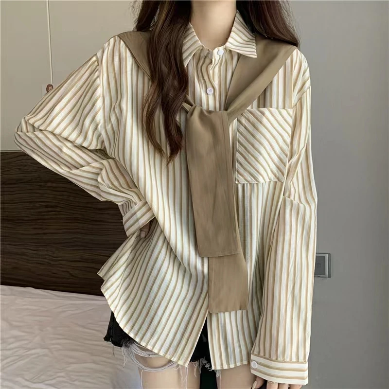 Women\'s Clothes Striped Long-sleeved Shirt Autumn Blouse New-style Shawl Fake Two Loose Temperament Shirt Casual Ladies Top