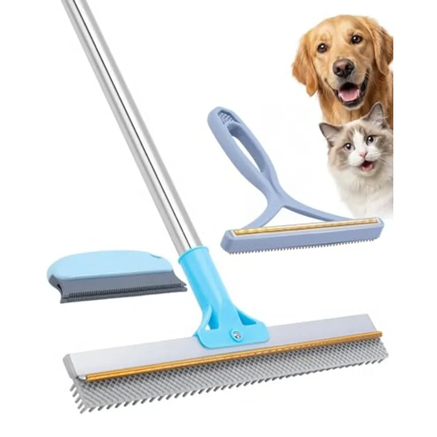 

Carpet Rake for Pet Hair Removal - 54''Adjustable Long Handle Carpet Rake, 3 in 1 Reusable Silicone Carpet Broom with 2 Lint Sc