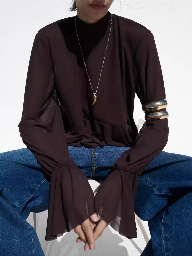 

2025 Women's Elegant Semi-Transparent Ruffles Bow T Shirts Lady Vintage Long Flare Sleeve Wine Red Versatile Layered Blouse Tops