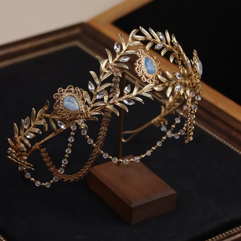 Vintage Wedding Crown Women Prom Hairband Gold Color Leaf Bridal Forehead Tiara Bride Hair Piece Accessories