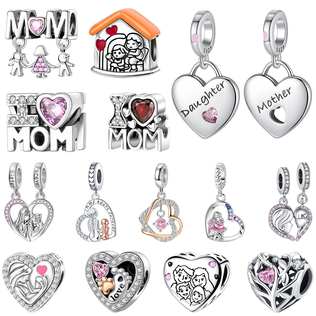 

925 Silver Family Series Mother Daughter Splittable Heart Mom Charm Beads Fit Necklace Bracelet Mother's Day DIY Jewellery Gifts