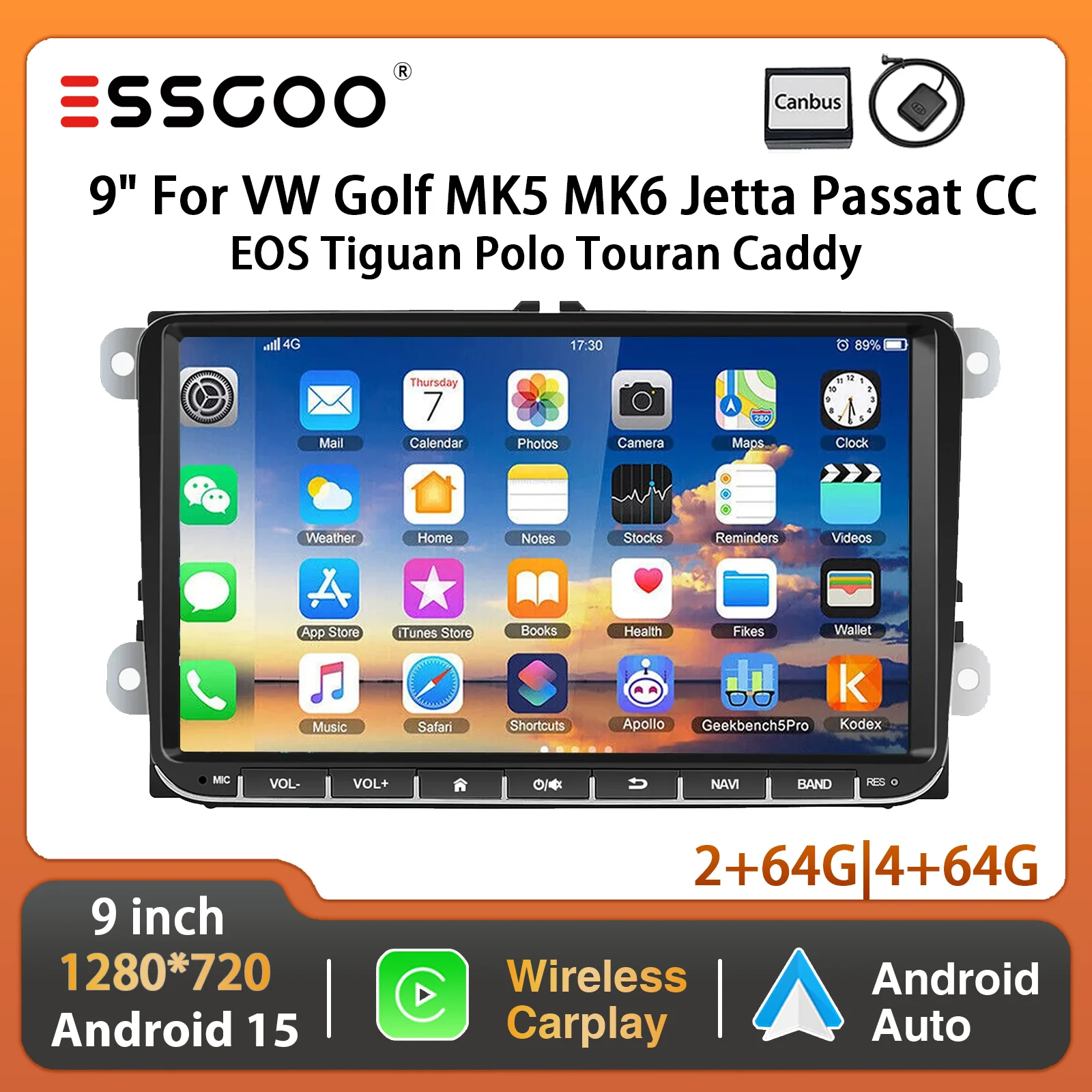 ESSGOO 9-Zoll Android 15 64G Autoradio für VW Golf MK5 6 Passat Polo Touran Caddy EOS Jetta Seat Skoda mit Wireless Carplay GPS Navi BT