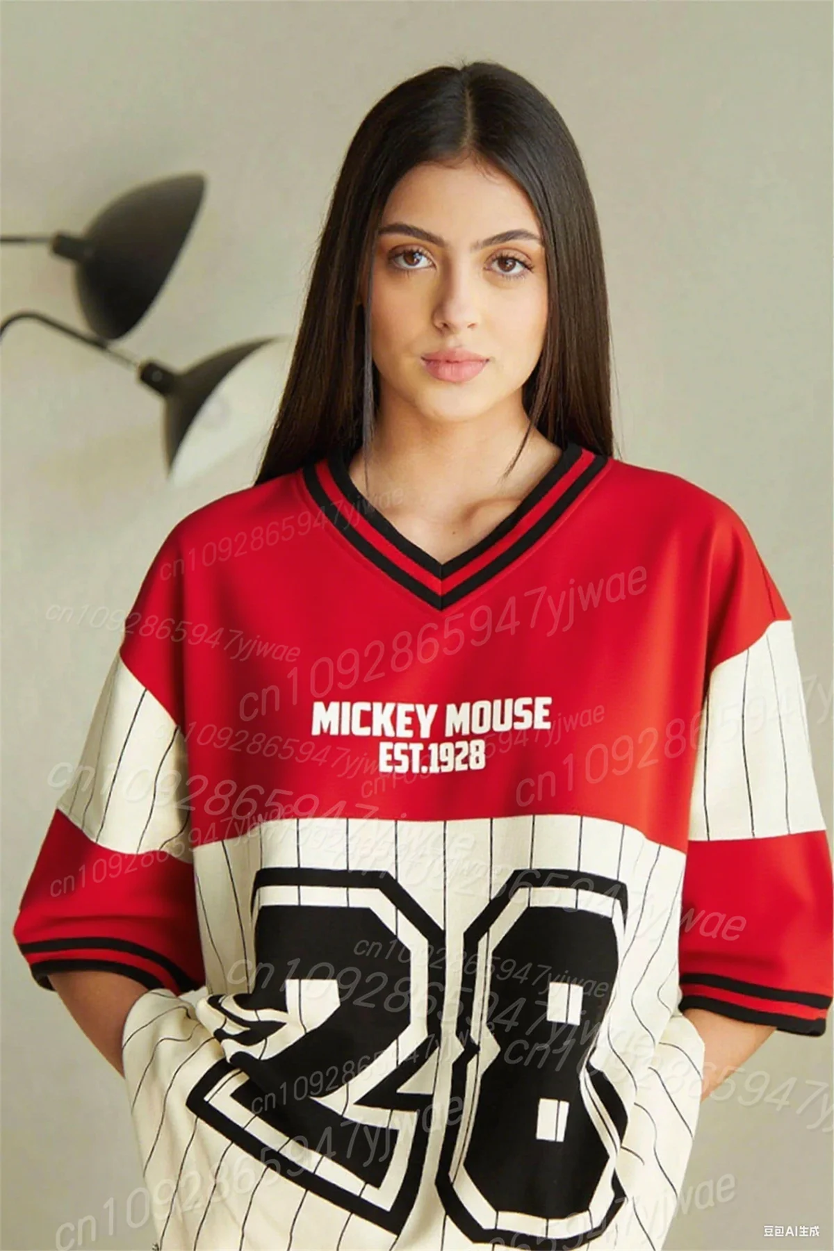 ديزني ميكي المتضخم البيسبول جيرسي تي شيرت ثلاثية الأبعاد الجرافيك تي شيرت موضة تنوعا رياضية المرأة الخامس الرقبة مخطط #2