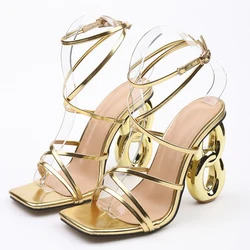 Straight strap shaped heel high heel sandals women's spring summer 2024 new square toe roman shoes open toe gold sexy women's sh