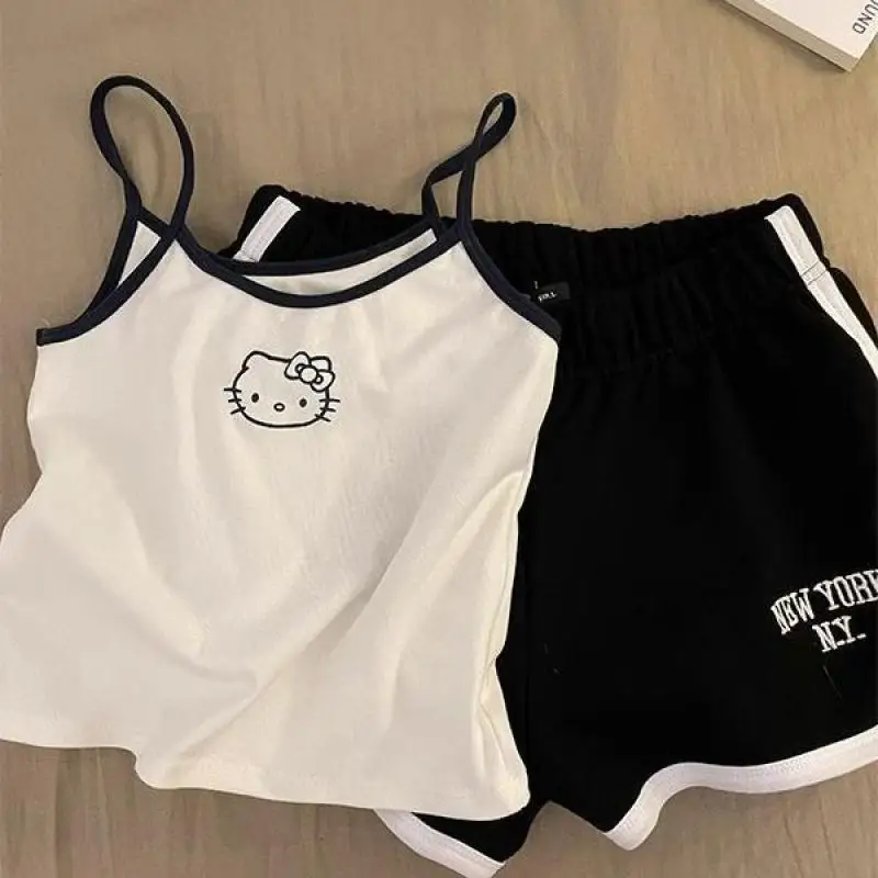 

Sanrio T Shirt Two Fake Hello Kitty Girl Halter Neck Short Sleeve New Style Fashion One Shoulder Design Versatile Waist Tight