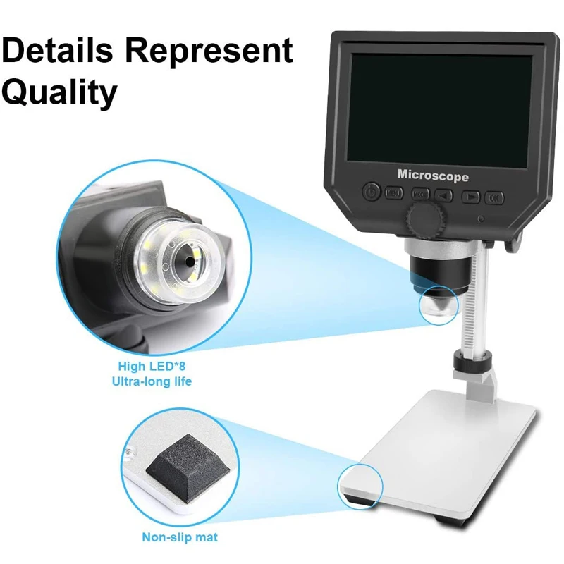 Микроскоп электронный 600X, видео-микроскоп паяльный 4,3-дюймов с ЖК-экраном HD для ремонта телефона с лупой и металлической подставкой