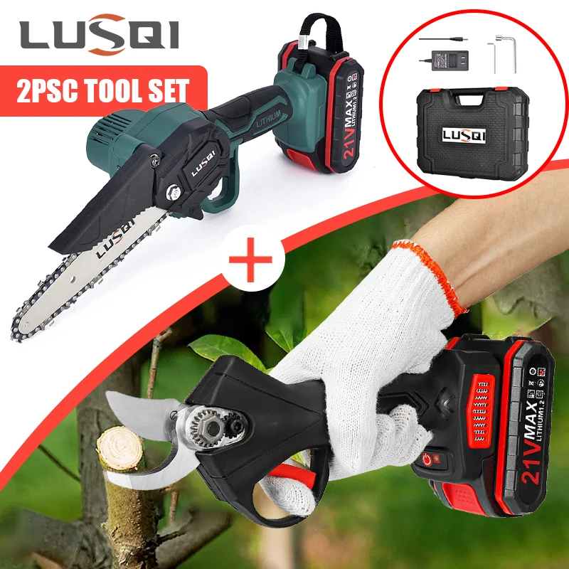 LUSQI Cordless Pruning Shears Or 4/6in Electric Chainsaw Lithium Chain Saw Pruners Cutting Pruning Branch Set Garden Tools