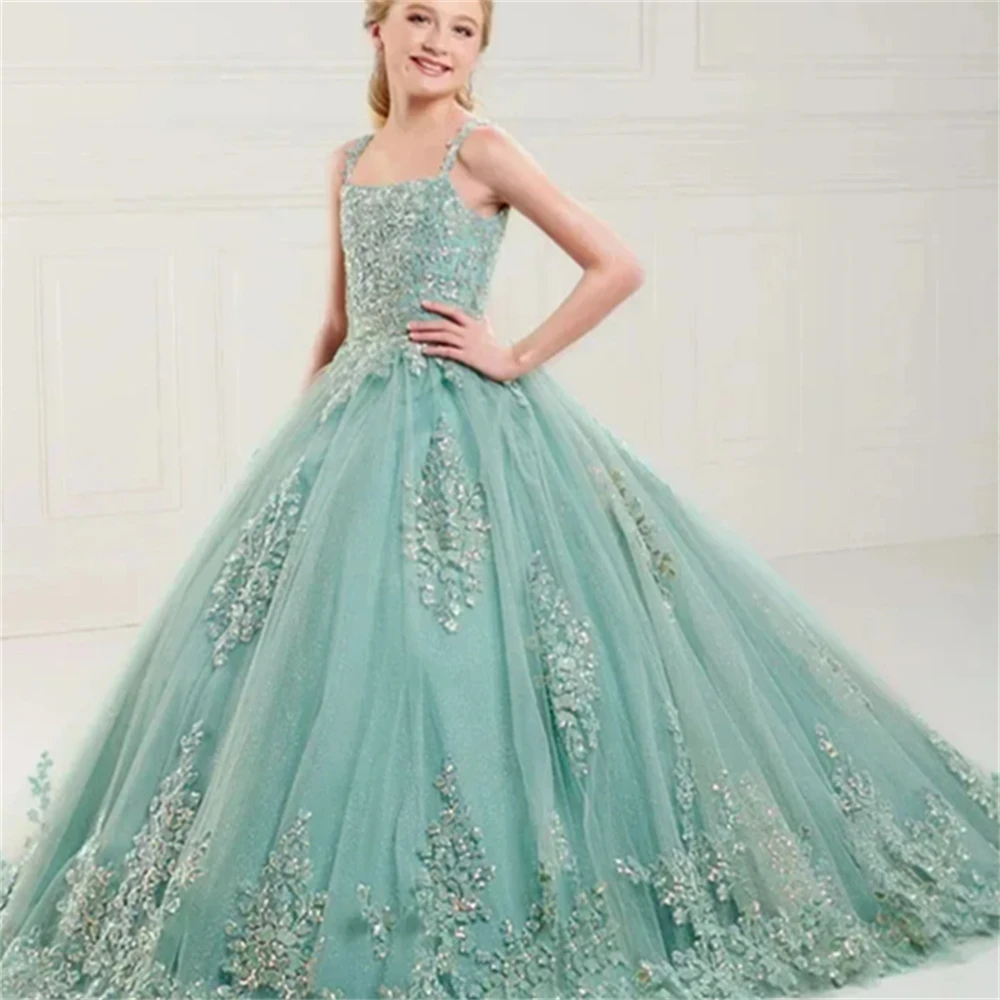 Customized Green Flower Girl Dress for Wedding Appliques Sleeveless Floor Length Elegant Kids Birthday First Communion Gown