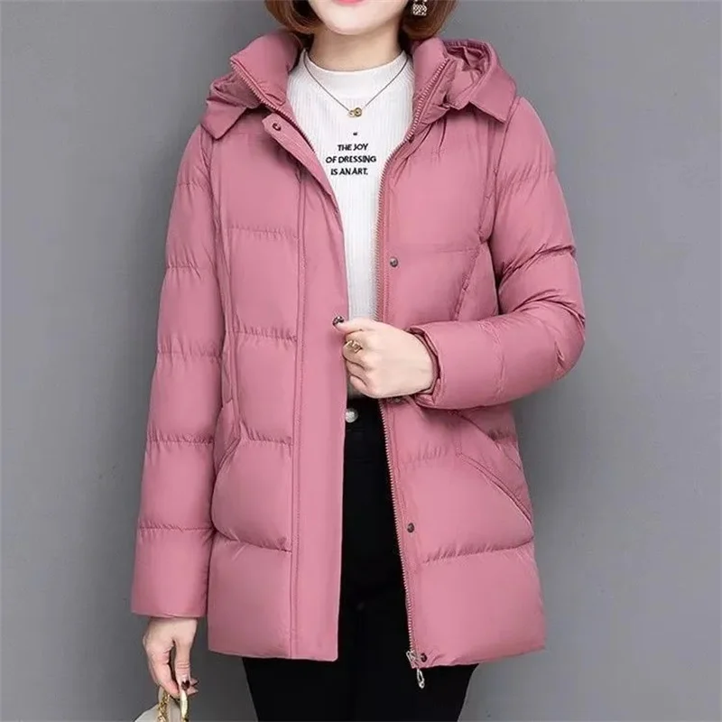 Hooded Winter Jacket Female Parka Removable Cap Cotton Coat Women\'s Mid-Long Korean 2022 New Loose Thicken Down Cotton Coat Pink