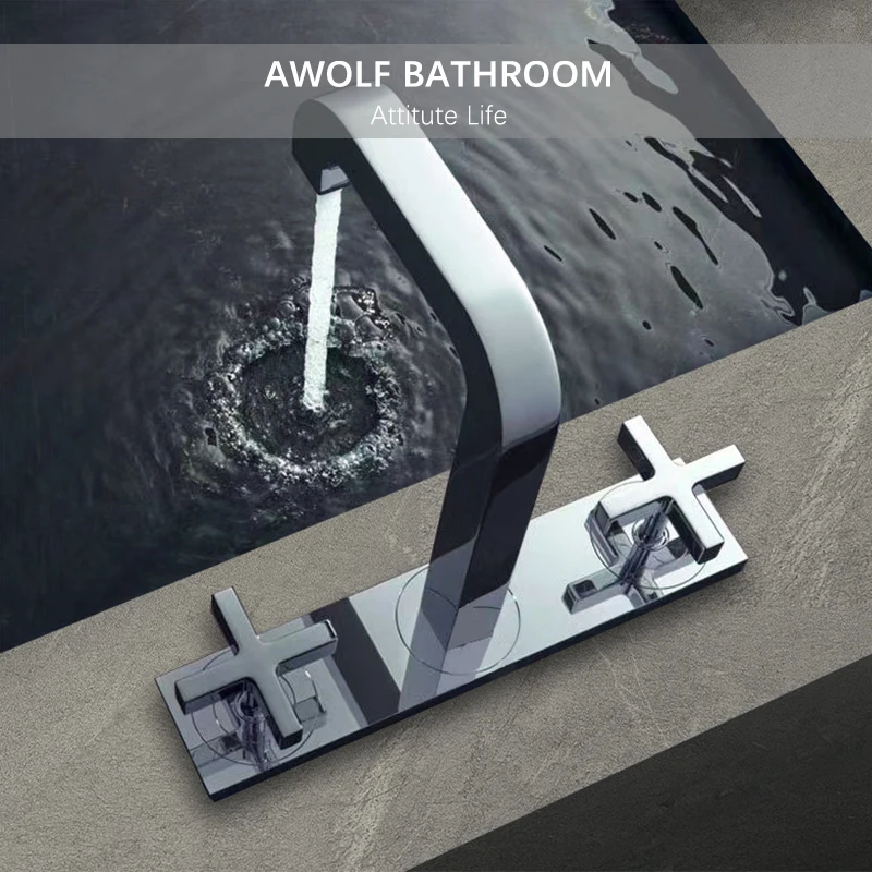 Awolf Solid Brass Chrome Bathroom Basin Sink Faucet Matt Black Deck Mounted Dual Handle 3 Hole Hot and Cold Mixer Tap ML8137