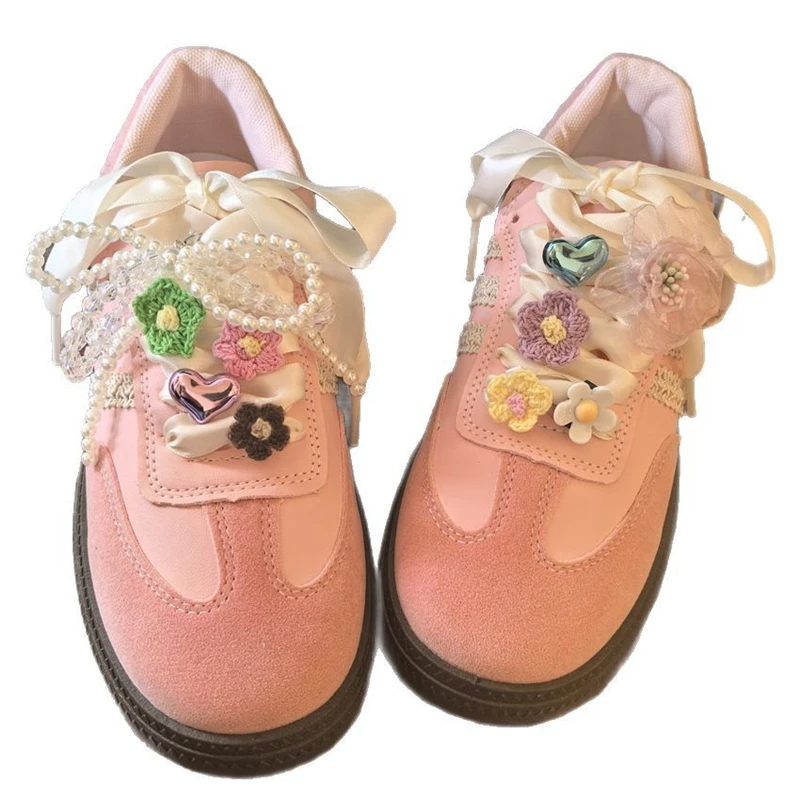 Hand woven flower Shoe laces Charms for Sneakers Girl Pearl Crystal Bow Shoe Charm DIY Colorful Love Buckle Shoes Decorations