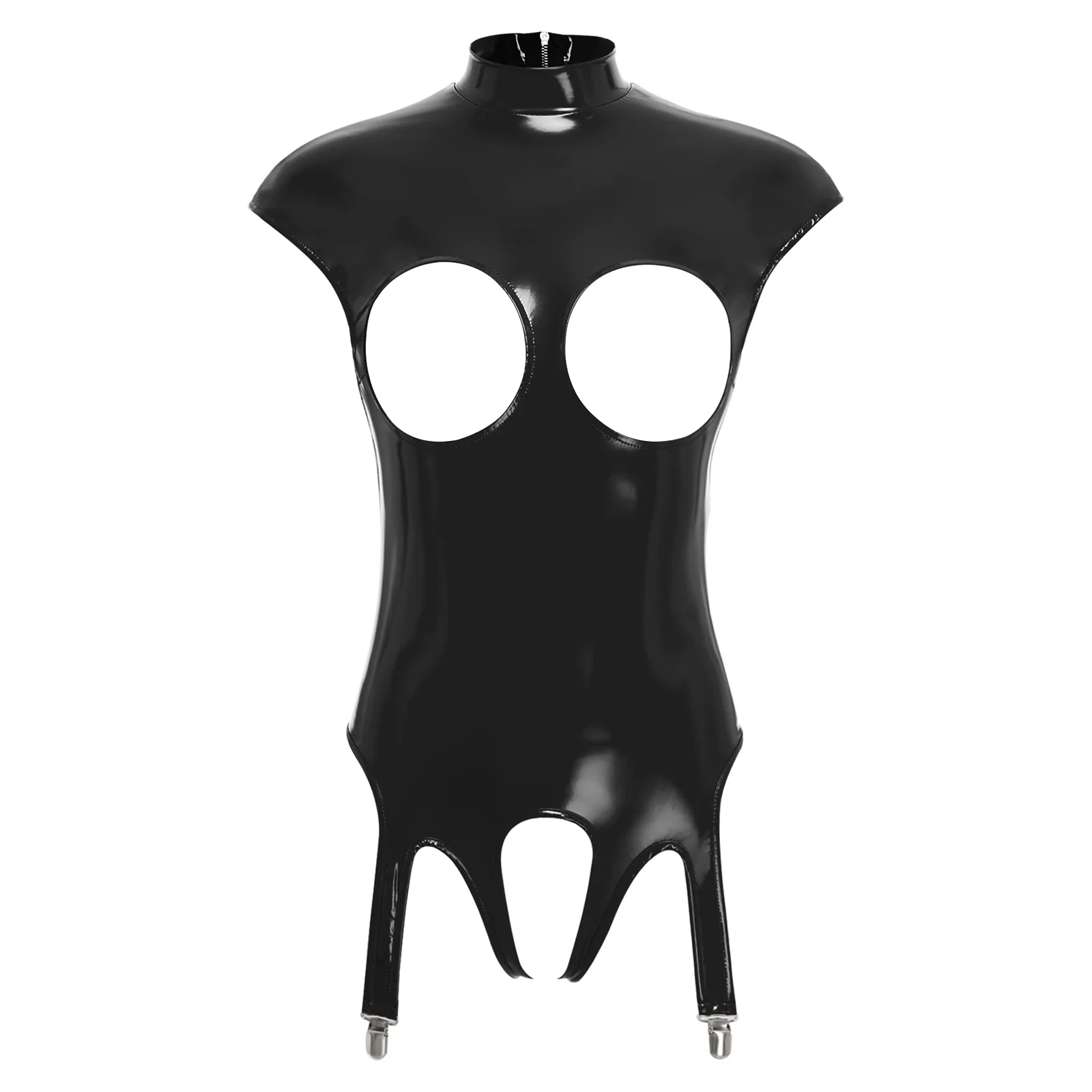 Womens Lingerie Open Bare Exposed Nipples Crotchless Bodysuit with Garters Clips Glossy Patent Leather Hollow Out Latex Catsuit image 3
