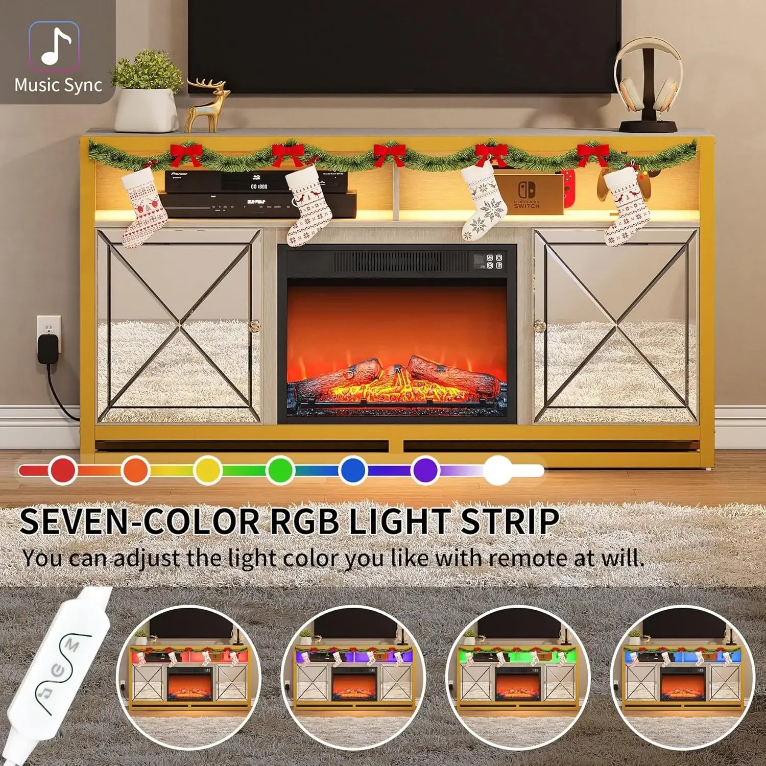 LED Mirrored Fireplace TV Stand for up to 65 Inch TV, Entertainment Center for Living Room w/3D Realistic Flame Effect Fireplace