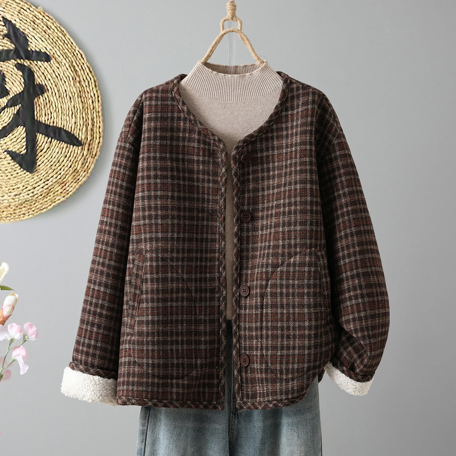 冬用ファイオン・ティエンエド・プレイド・ウール混紡・暖かいコットンジャケット・フェイス裏地付き・シングルボタン・レディース・リトルコットンコート