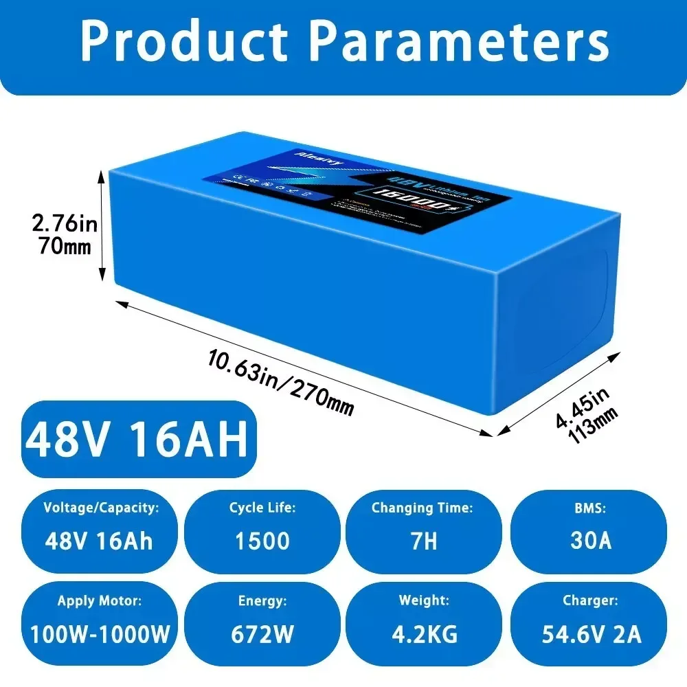 Aleaivy 48V 16Ah Ebike Battery 30A BMS 350W 500W 750W 1000W Motor 18650 Cell Lithium Pack For E Bike Bicycle Electric Scooter